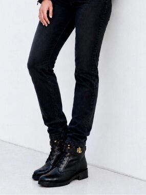 Ralph Lauren Black Leather RL Logo Lace-Up Moto Boots with Gold Hardware 7